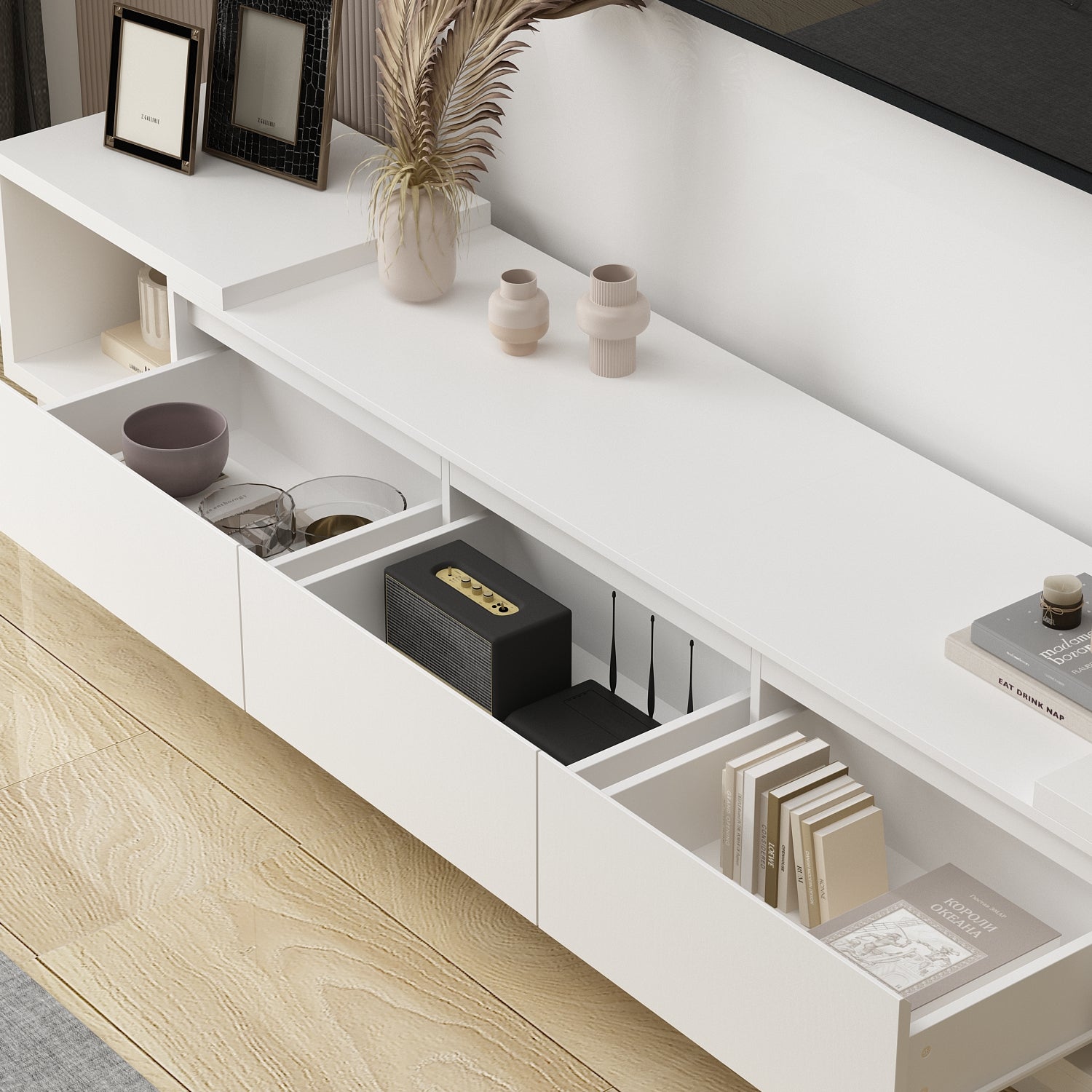 Wide TV Stand Entertainment Stand Adjustable Width TV Stand for Living Room