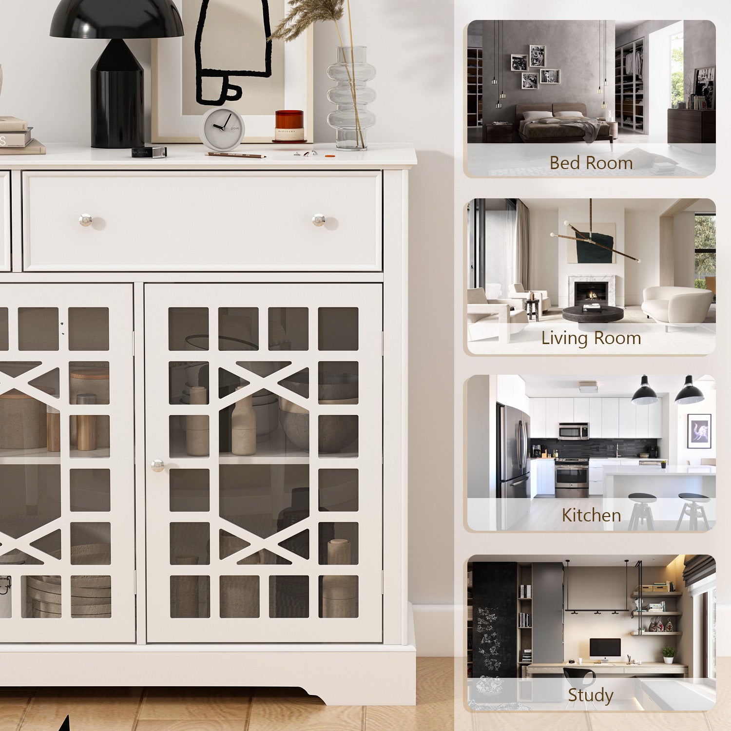 Durable Storage Sideboard Living Room Cabinet with 3 Glass Doors & 2 Drawers