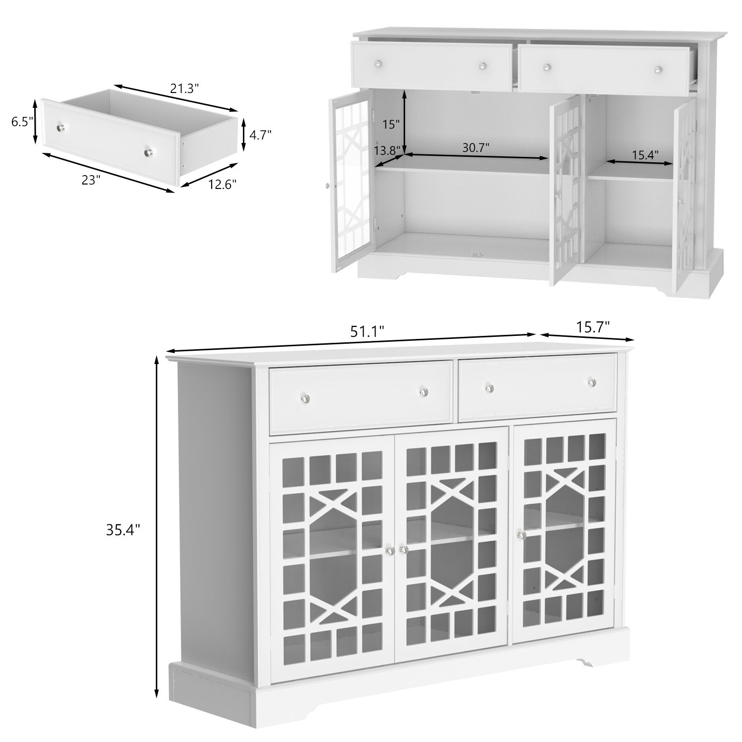 Durable Storage Sideboard Living Room Cabinet with 3 Glass Doors & 2 Drawers