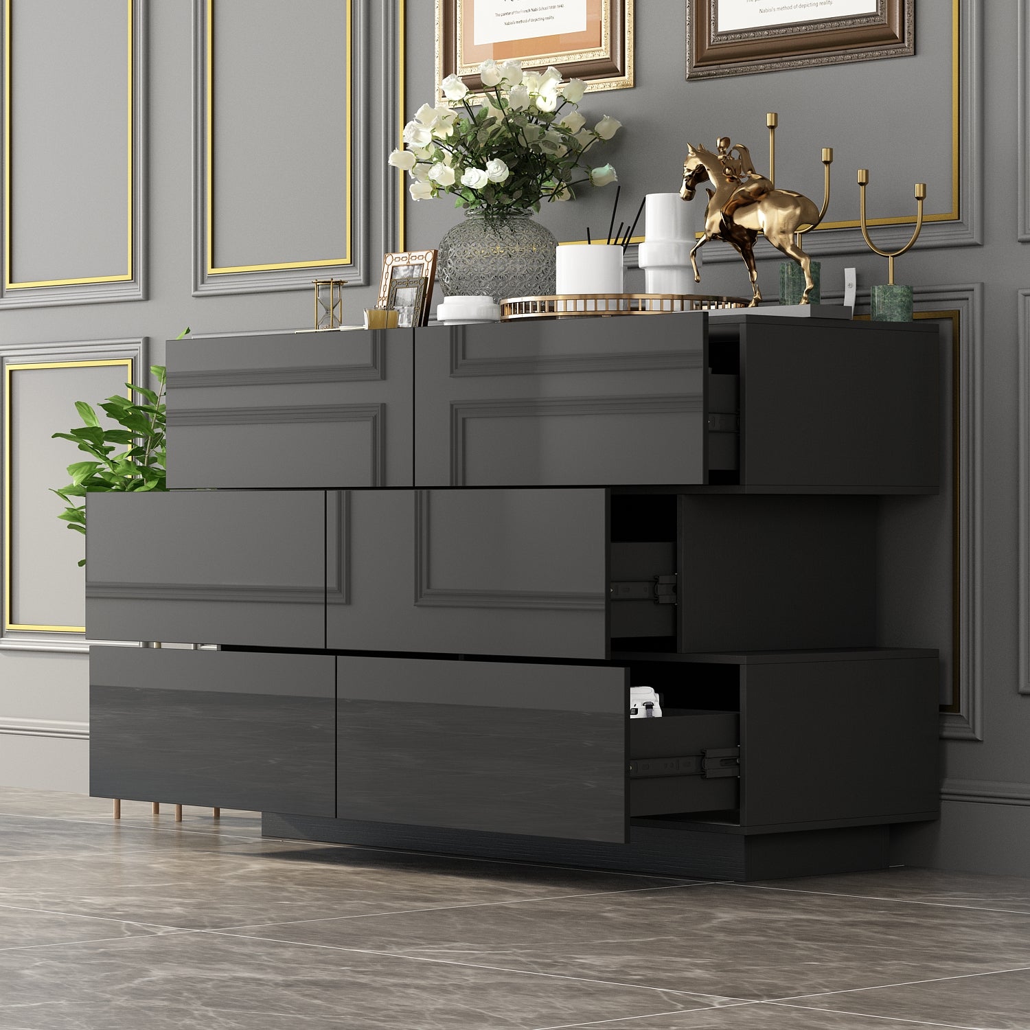 High Gloss Double Dress Chest 6-Drawer Sideboard for Living Room