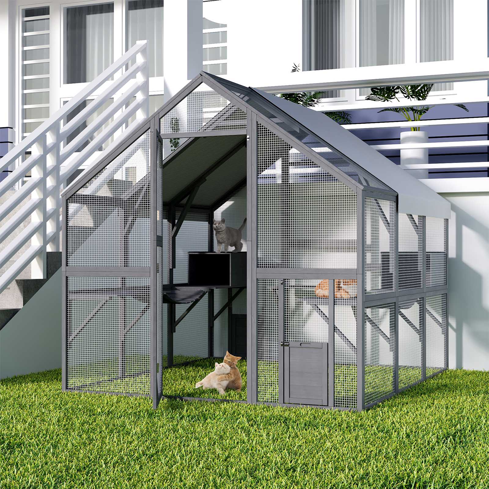 Large Cat Run Wooedn Cat Houses Outdoor Enclosure with Sleeping Houses Bridges Walks