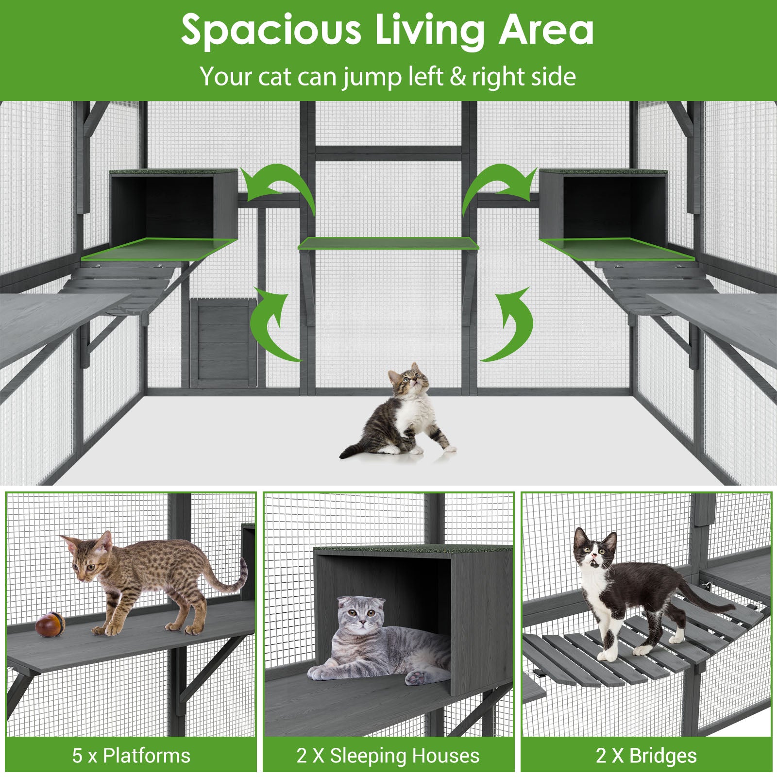 Large Cat Run Wooedn Cat Houses Outdoor Enclosure with Sleeping Houses Bridges Walks