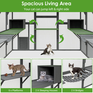 Large Cat Run Wooedn Cat Houses Outdoor Enclosure with Sleeping Houses Bridges Walks