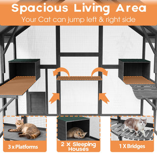 Large Cat Run Wooedn Cat Houses Outdoor Enclosure with Sleeping Houses Bridges Walks