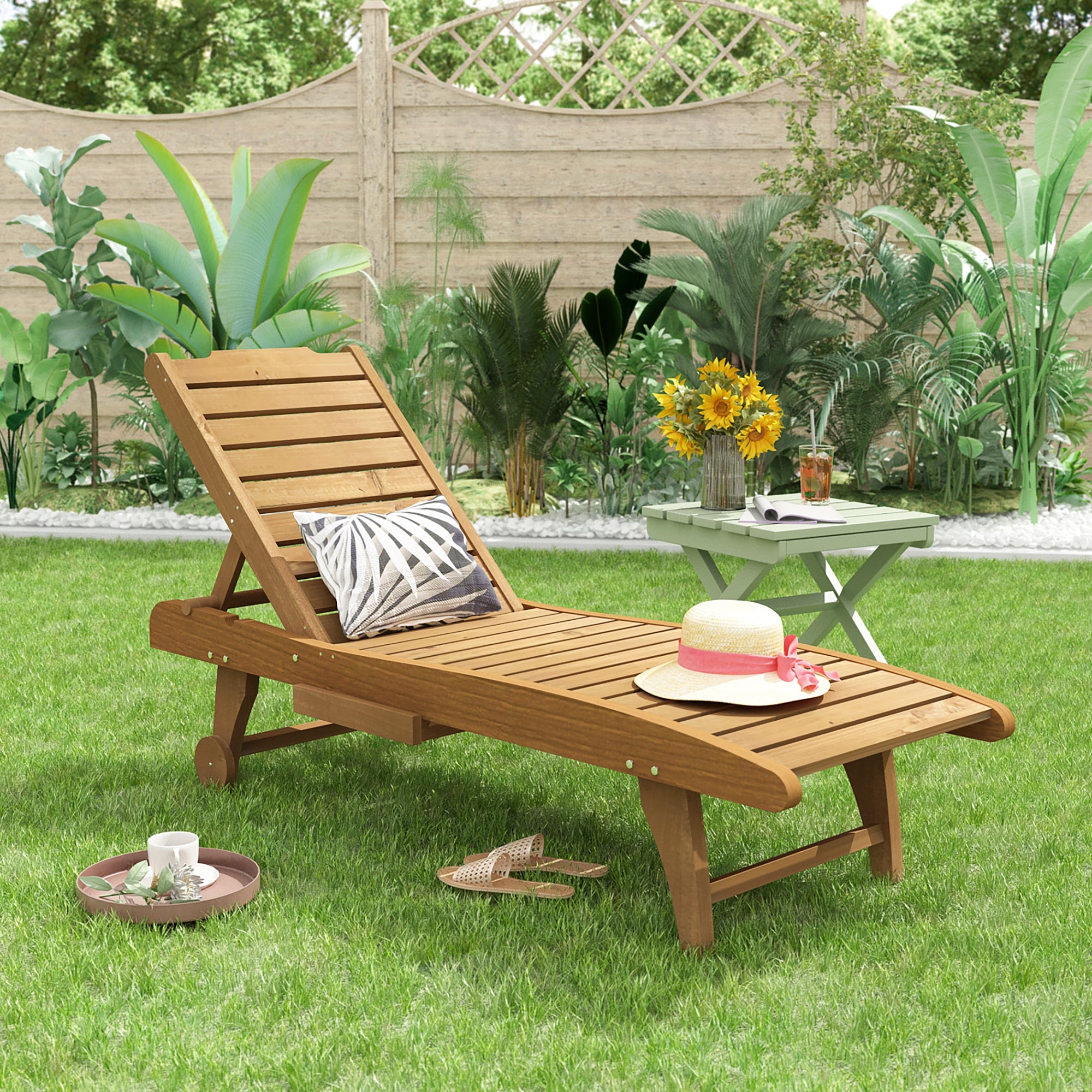 Lounge Chair Wooden Beach Chair with Wheels and Tray Adjustable Chair